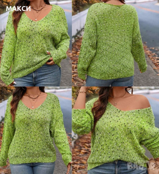 Красив еластичен пуловер с V-образно деколте и втъкана сребриста, бяла и черна нишка в бледо зелено , снимка 1