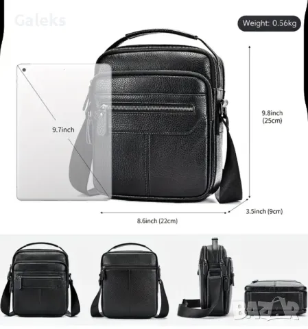 Мъжка луксозна и практична кожена чанта /Черна телешка естест. кожа!, снимка 7 - Чанти - 50022436