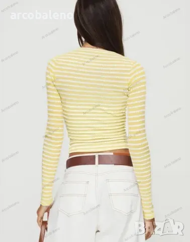 Двуцветна дамска трикотажна тениска с дълги ръкави Y2K Slim Fit U-образно деколте, снимка 3 - Тениски - 48745138