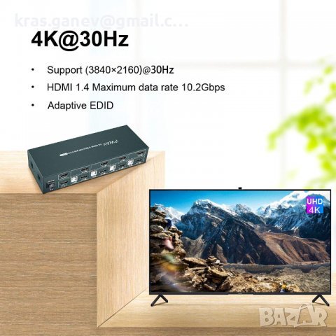 HDMI KVM превключвател с двоен монитор, разширен дисплей, 4 порта, 2 USB 2.0 хъба, UHD 4K@30Hz YUV4:, снимка 3 - Други - 38429730