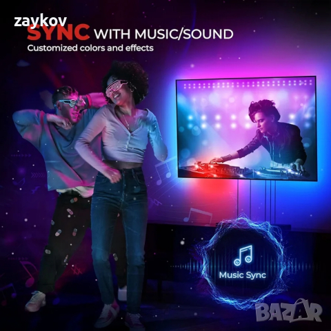  Strip Lights със синхронизиране на музика и сценичен режим, съвместим с Alexa и Google Assistant, снимка 4 - Друга електроника - 44923965