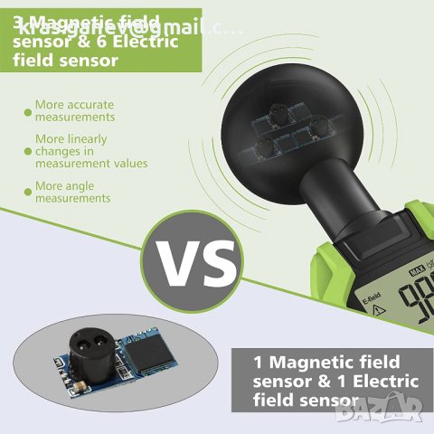 EMF Meter Tadeto EMF Meter с 3 чипа за 360° измерване LCD подсветка Голям екран EMF метър с факел, о, снимка 8 - Други - 37133715