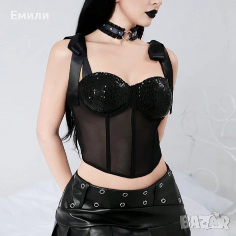 Нов дамски топ/бюстие/корсет с пайети и прозрачна талия р-р S и M