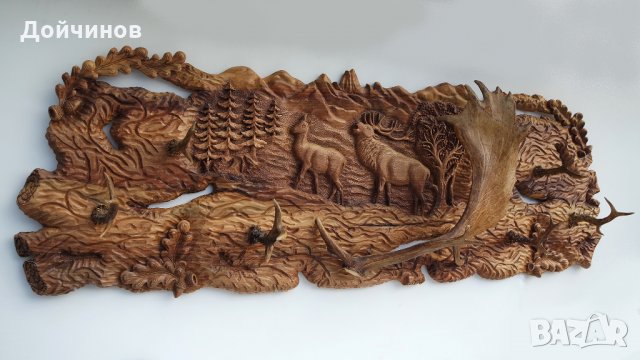 Пано - дърворезба / закачалка / с рога от елен и сръндак, снимка 2 - Пана - 17621296