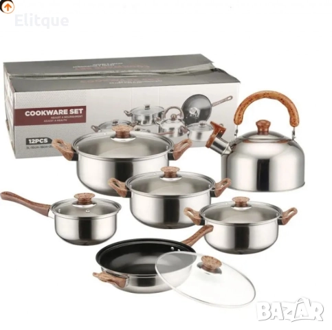 Комплект от 12 части за всяка кухня. 3бр тенджери, тиган, касерола и чайник и капаци, снимка 2 - Съдове за готвене - 52709694