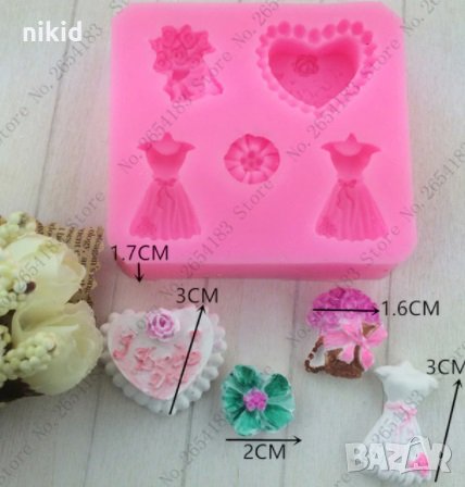 I love you сърце с розичка чанта букет 2 красива рокля силиконов молд форма декорация торта фондан , снимка 2 - Форми - 24080652