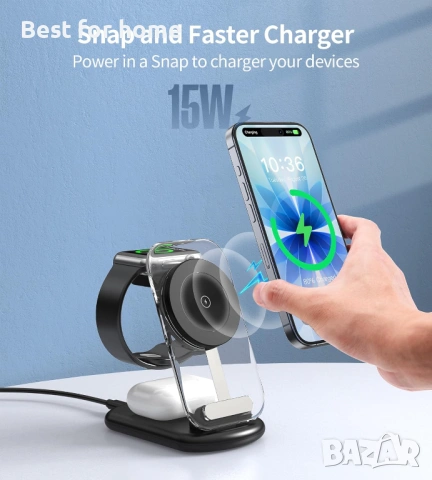 3-в-1 магнитна безжична зарядна станция за Apple устройства, снимка 4 - Друга електроника - 53047712