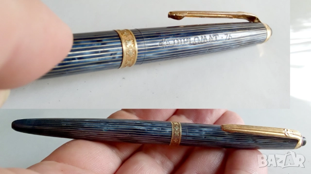 РЯДКА ХИМИКАЛКА 1950г DIPLOMAT ОТ ЗЕЛЕНО-СИНЬО РАФИРАНА СМОЛ , снимка 4 - Други ценни предмети - 52144504