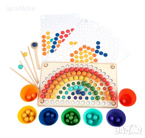 Rainbow wooden clip beads мултифункционална игра с мъфини, топчета и шаблони от дърво , снимка 2 - Образователни игри - 37478078