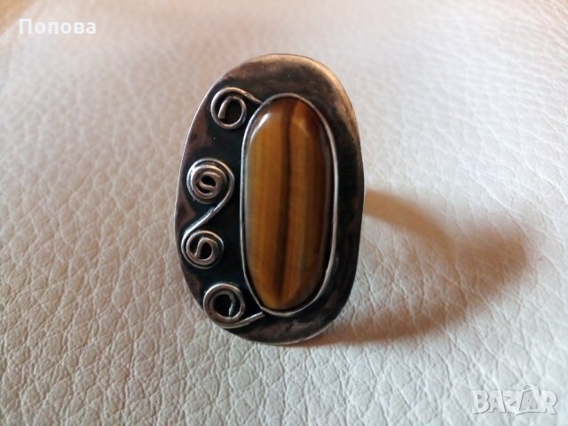 Уникален авторски сребърен масивен пръстен с тигрово око, снимка 1 - Пръстени - 28426085