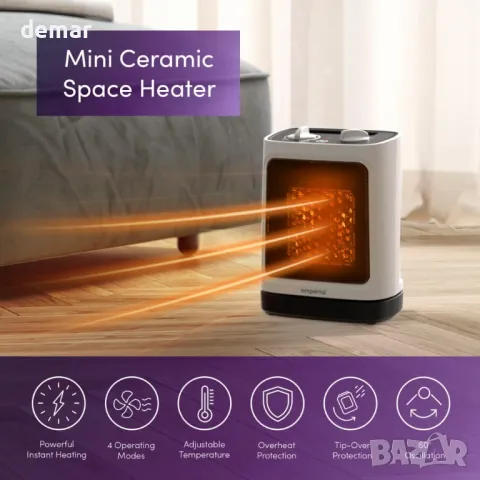 Emperial 2000W керамичен мини вентилаторен нагревател с осцилация, 2 степени, снимка 2 - Отоплителни печки - 50410745