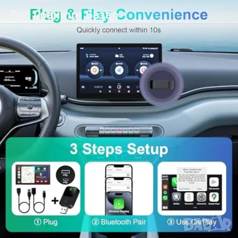 Нов Безжичен CarPlay адаптер за iPhone – Бързо свързване, компактен дизайн, снимка 9 - Друга електроника - 48555889