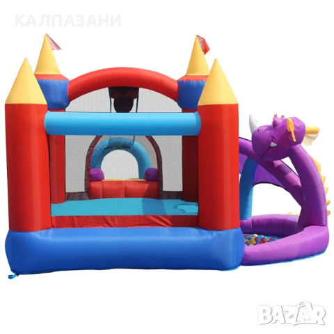 HAPPY HOP Батут замък с дракон, топки и помпа 350x350x245 9022
