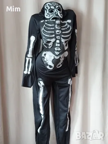 Еластичен черен гащеризон с маска на скелет/ Хелуин /