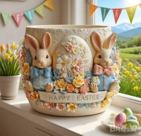 Силиконов молд кашпа Великден зайци