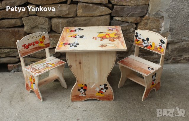 детска дървена рисувана маса с 2 стола, снимка 8 - Мебели за детската стая - 19579536