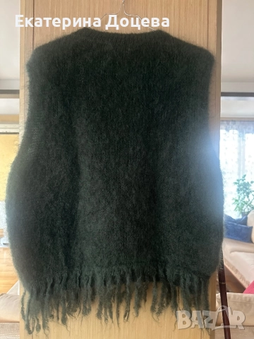 Тъмнозелен пуловер мохер, без ръкав, с ресни, снимка 3 - Блузи с дълъг ръкав и пуловери - 52658973