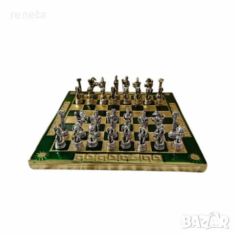 Шах Атласи, Метална дъска,метални фигури, Зелен, 15х15 см, снимка 1