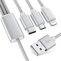 Кабел 3 в 1 - LIGHTNING, microUSB и TYPE-C, СИВ - 125 см, снимка 2 - USB кабели - 33369270