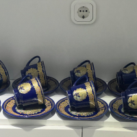 Японски сет от порцелан с кобалтово синьо с позлата ръчно рисувани, снимка 2 - Антикварни и старинни предмети - 44877087