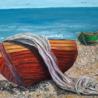 Картина с маслени бои Лодки, море, плаж, снимка 1 - Картини - 26880243