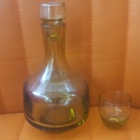 Ракиен комплект от бутилка с тапа, 5 чашки от зелено стъкло, снимка 7 - Чаши - 33174248