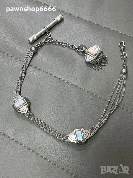 Сребърна верижка за джобен часовник със седефени елементи, снимка 1