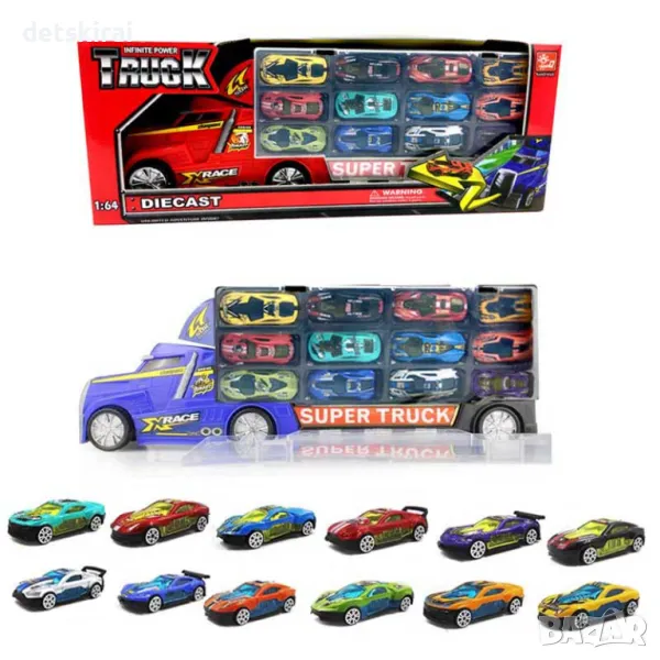 Камион с писта и 12 метални коли, снимка 1