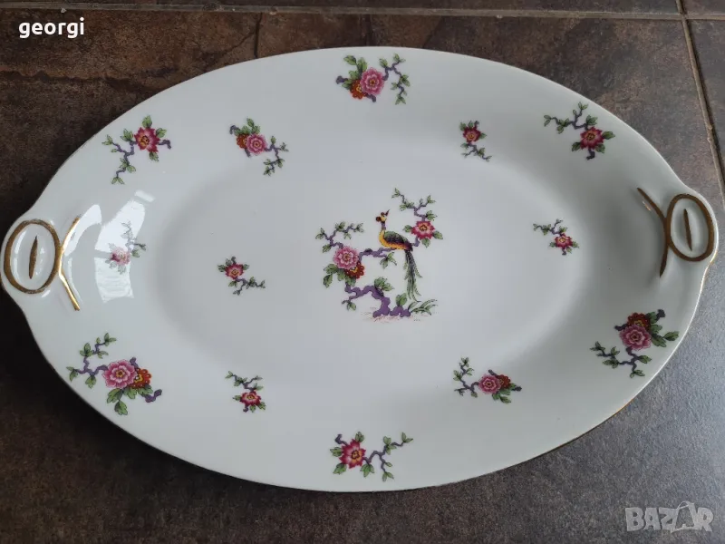 порцеланово елипсовидно плато с цветя и райски птици Limoges 8/2, снимка 1
