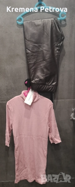 Нов Комплект от Клин от екокожа и Поло от релефен трикотаж с къс ръкав, размер S, снимка 1