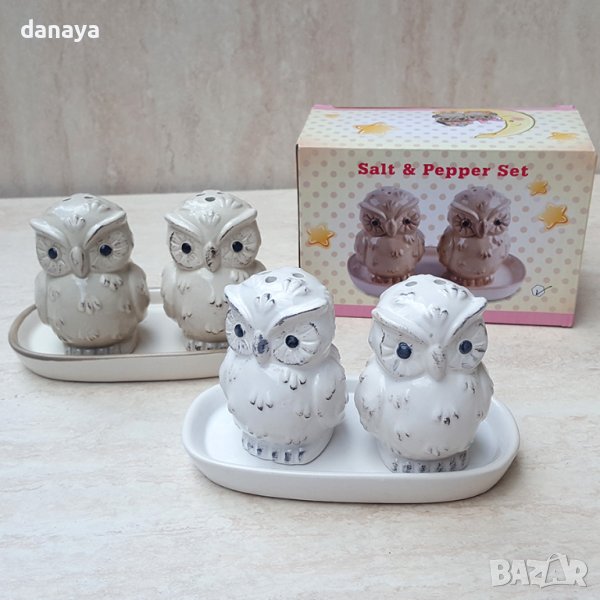 1628 Комплект керамични солнички на поставка Бухалчета, снимка 1