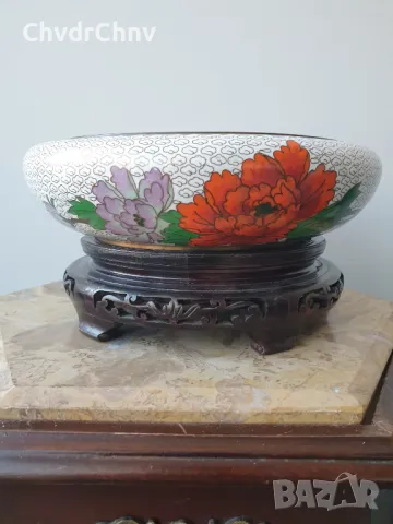 Cloisonne 26см/Клоазон-Клозоне стара голяма китайска купа/поставка ръчна дърворезба, снимка 8 - Други - 46578938