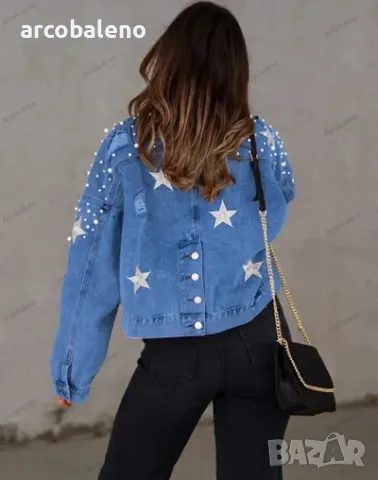 Дамско дънково яке с перлени шипове, 3цвята , снимка 4 - Якета - 47359162