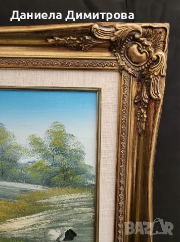 Картина, пейзаж с лебеди и рамка с барокови орнаменти, снимка 3 - Картини - 48405094