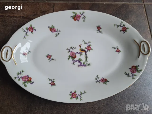 порцеланово елипсовидно плато с цветя и райски птици Limoges 8/2