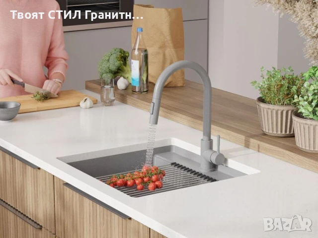 Сива кухненска мивка за вграждане под плот Берген 60 Low 560x530 мм