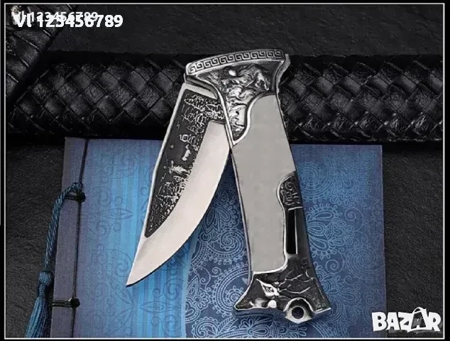 Руски ловен сгъваем нож с кожен калъф гравиран елен и ловец 100х230 мм,, снимка 3 - Ножове - 52132918