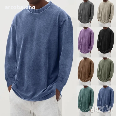 Мъжка едноцветна плътна тениска с кръгло деколте и дълги ръкави, 8цвята 