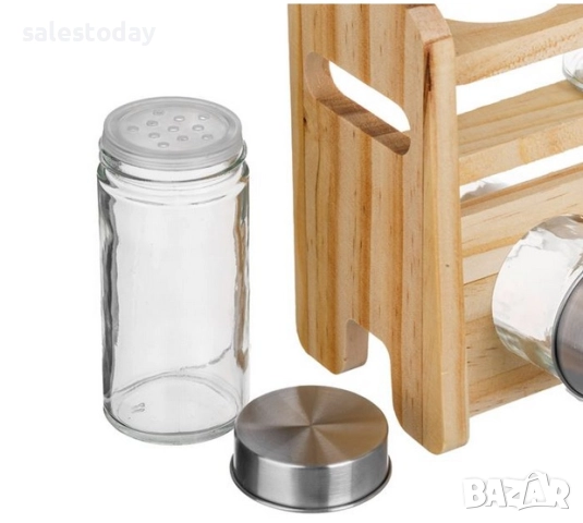 Поставка за подправки, Дървена стойка с 8бр бурканчета, снимка 3 - Аксесоари за кухня - 41038902