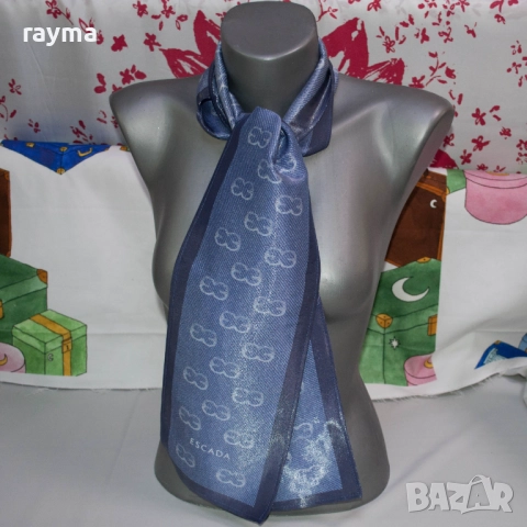 Escada шал естествена коприна с ламе дънково синьо с лого, снимка 4 - Шалове - 51823335