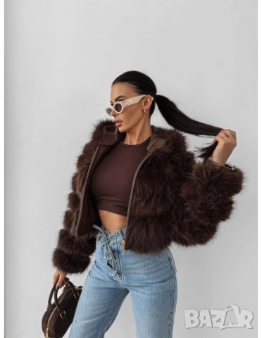 Късо пухено палто с дълъг косъм  кафяво , снимка 5 - Палта, манта - 52844593