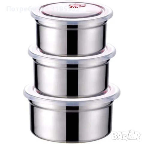 Комплект от три броя кутии за съхранение от неръждаема стомана с пластмасови капаци, снимка 9 - Кутии за храна - 51276742