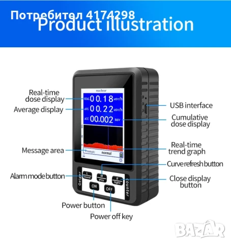 НОВ XR-1 Преносим детектор за ядрена радиация с брояч на Гайгер Персонален дозиметър, снимка 2 - Друга електроника - 50629836