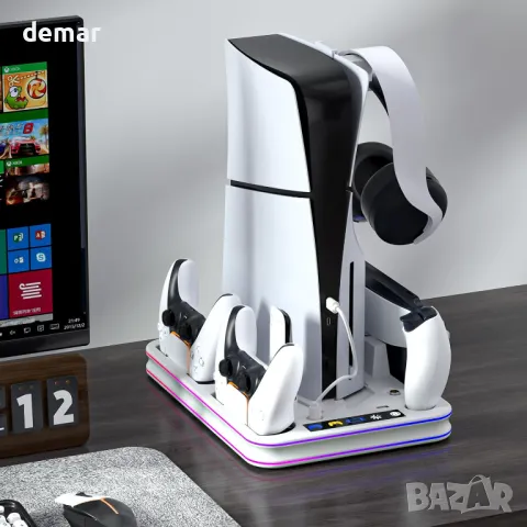 Стойка и охладителна станция с RGB LED, станция за зареждане, PS5 / PS5 Slim, бяла, снимка 9 - Аксесоари - 48432613