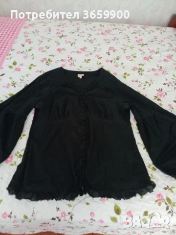 Черна дамска блуза, буфан ръкав, 14 UK,