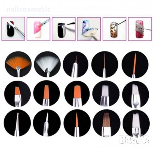 Комплект 15 четки за маникюр и декорации + 5 инструмента за точки, снимка 2 - Продукти за маникюр - 9186706