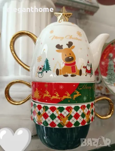 Порцеланов комплект - чайник и 2 броя чаши за чай/капучино КОЛЕДА, снимка 3 - Сервизи - 47825674