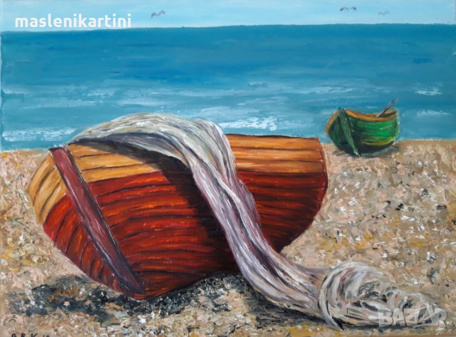 Картина с маслени бои Лодки, море, плаж