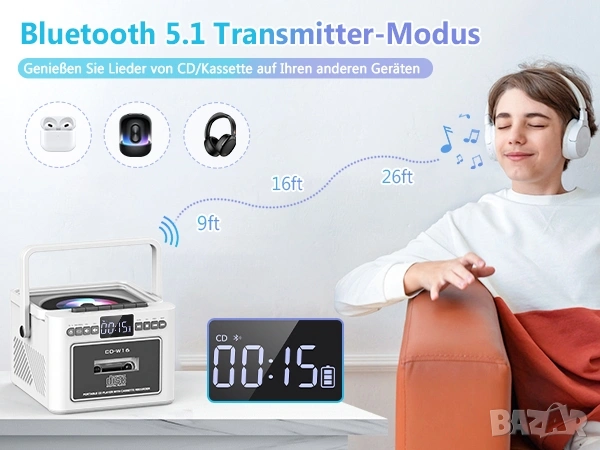 Greadio Преносим CD Плейър и Касетофон с Bluetooth 5.1 и 5000mAh Батерия , снимка 10 - Радиокасетофони, транзистори - 53384833