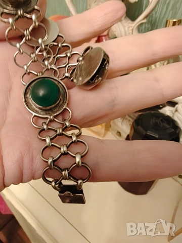 Ретро масивна сребърна гривна с естествен малахит, снимка 5 - Гривни - 52916371